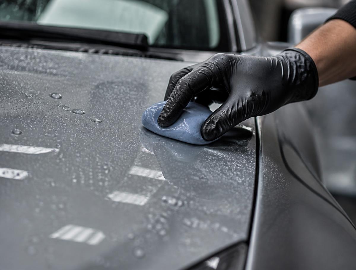 Clay bar gliding across a decontaminated silver paint panel