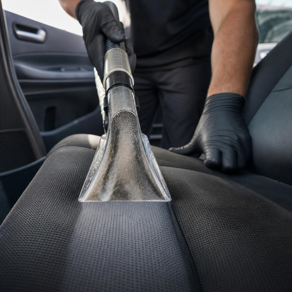 Hot water extractor lifting dirt out of a car seat